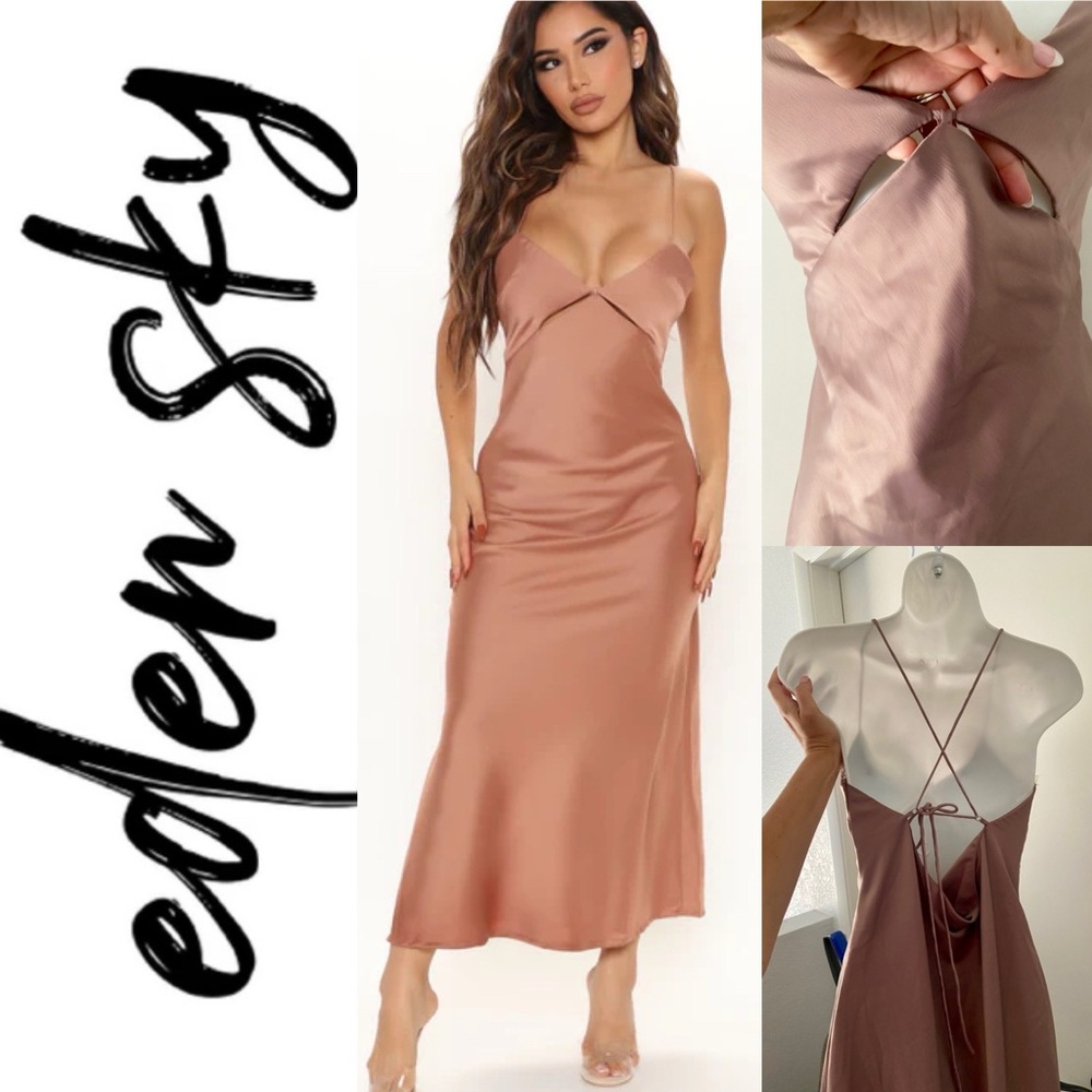 FIESTAR EDEN SKY TRENDING SATIN MIDI DRESS CUT OUT TIE BACK CAMEL BEIGE PEACH